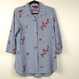 Boho Chic Striped Button Front 3/4 Sleeve Blouse Top with Floral Embroidery